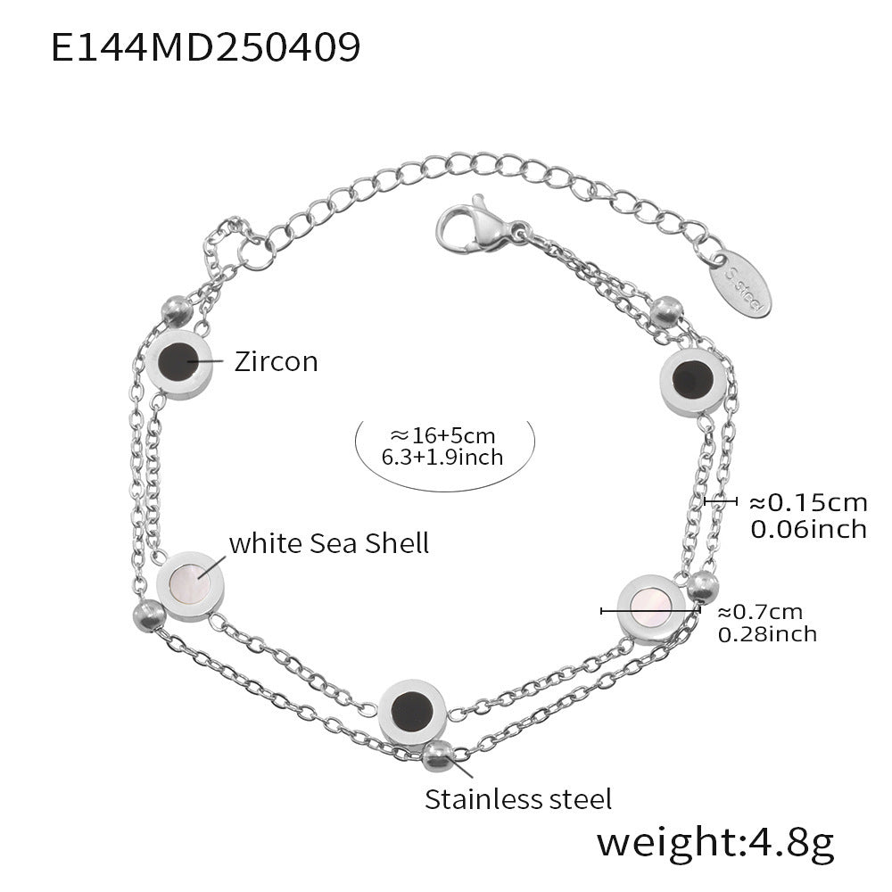 Miduoduo Jewelry E144 silver double-layer stainless steel bracelet with white sea shell and black zircon, 16+5 cm and 4.8 g