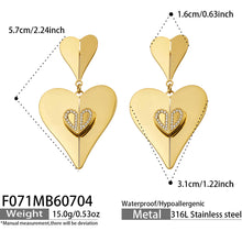 Gold heart zircon drop earrings size card with double heart pendant, zircon accents and stainless steel material