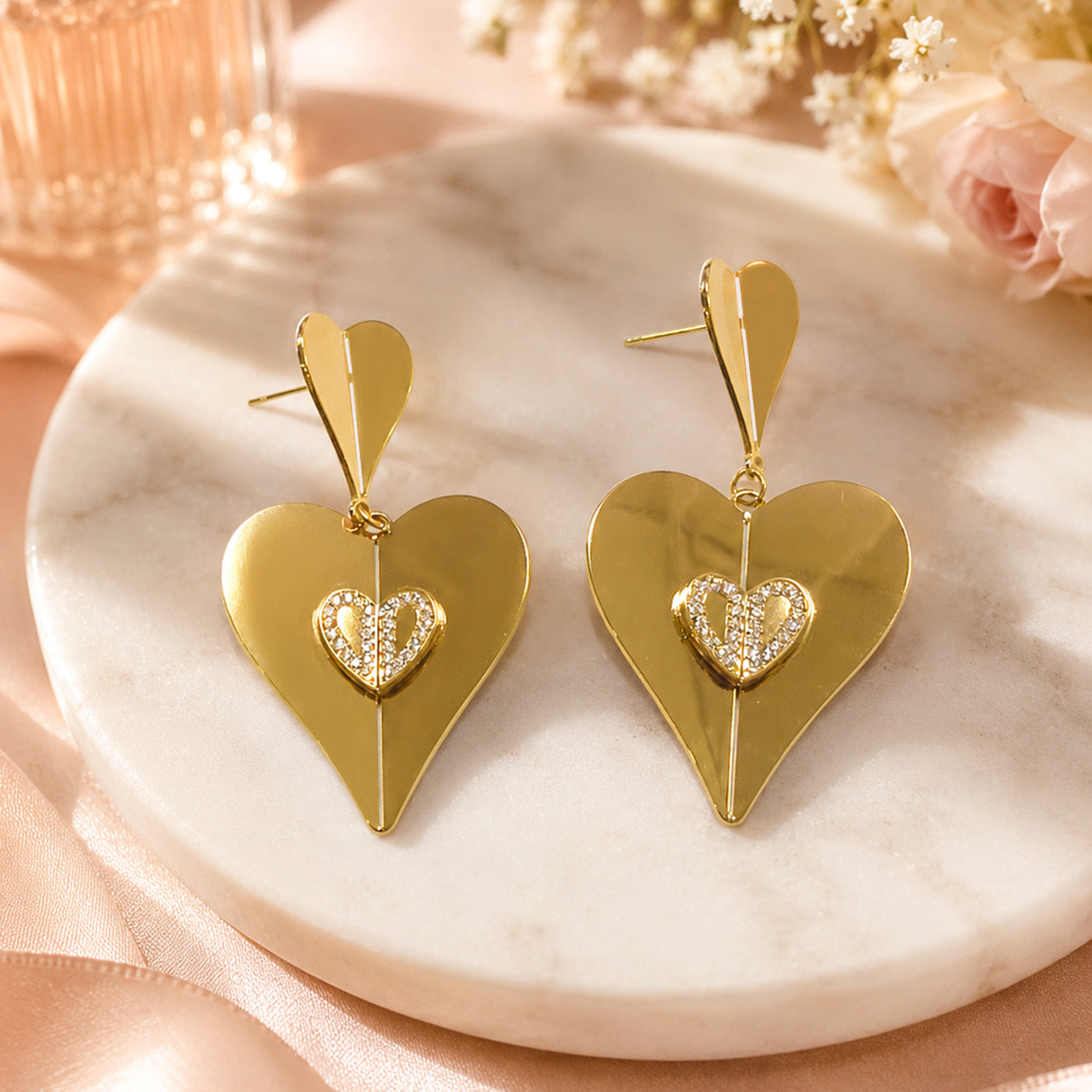 Gold and steel tone heart zircon drop earrings in 316L stainless steel for wholesale jewelry buyers
