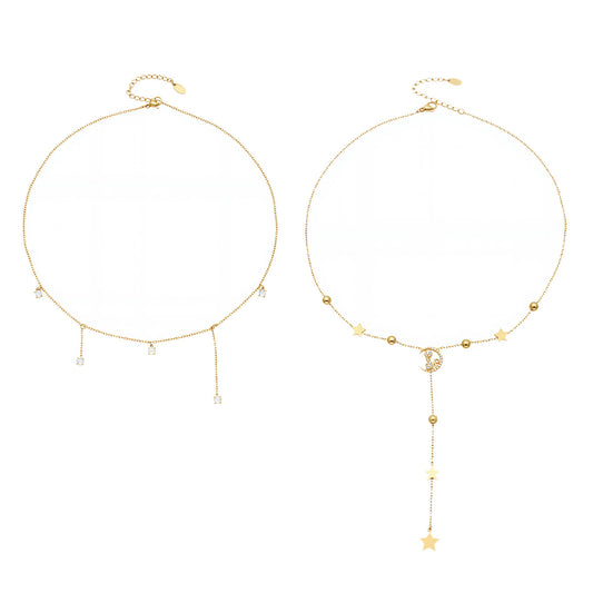 Cat zircon Y necklace collection in 316L stainless steel with gold and steel tone options by Miduoduo Jewelry