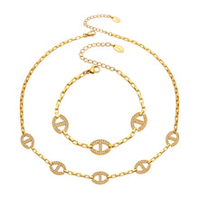Gold D-shaped zircon necklace and bracelet set in 316L stainless steel by Miduoduo Jewelry