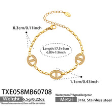 Gold D-shaped zircon bracelet size chart showing dimensions and 316L stainless steel material