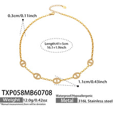 Gold D-shaped zircon necklace size chart showing dimensions and 316L stainless steel material