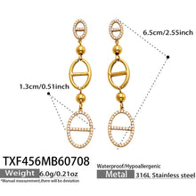 Gold geometric oval zircon bracelet size card showing 17+5cm adjustable length and 316L stainless steel material