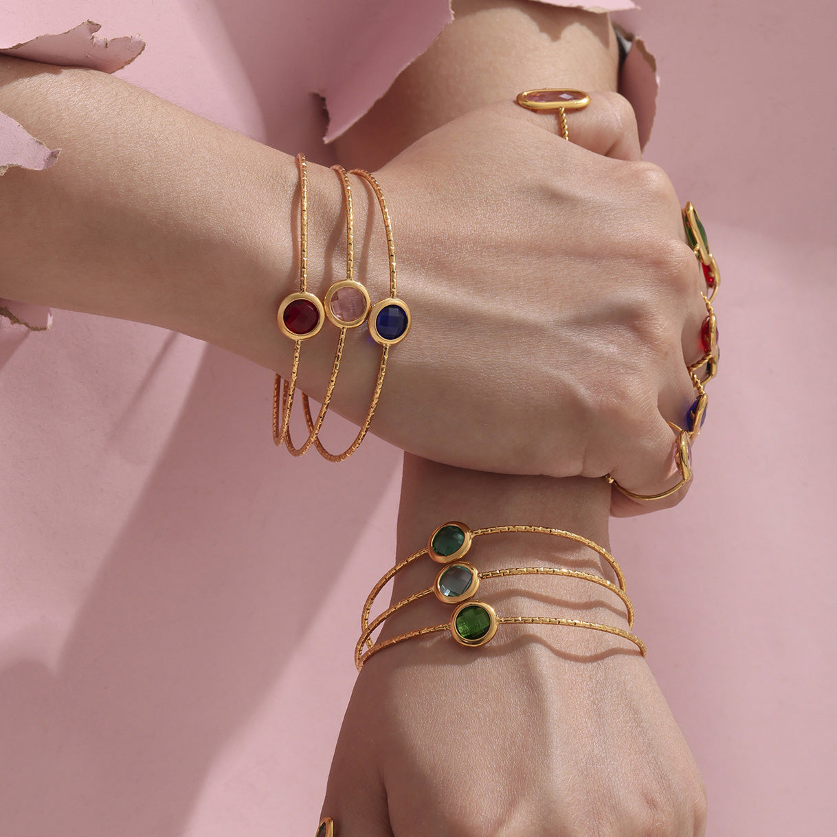 Niche fashion 18K gold plated stainless steel open bangles with colorful Czech glass stones, design for women's jewelry collection