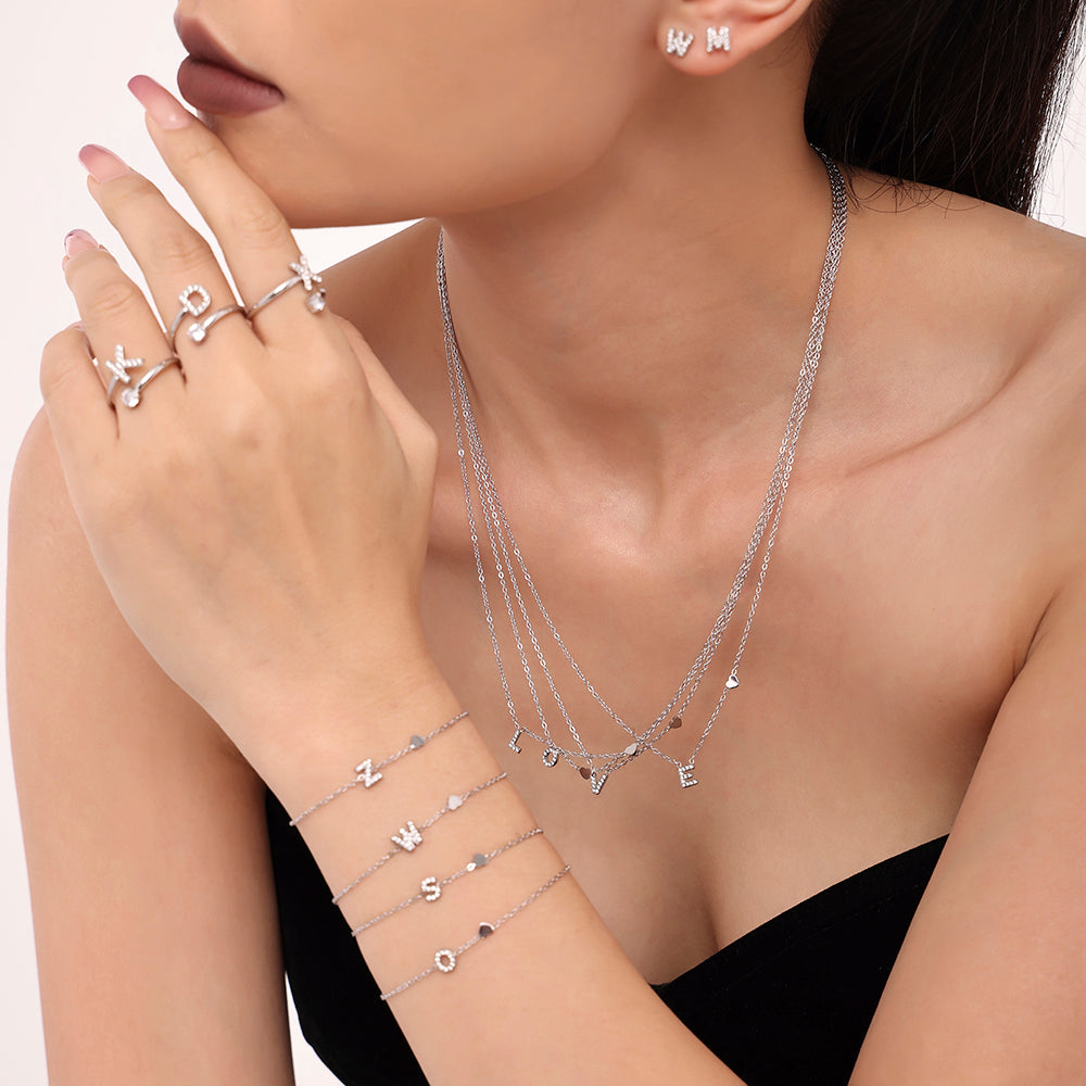 316L Stainless Steel 18K Gold PVD Plated CZ Initial Jewelry Set