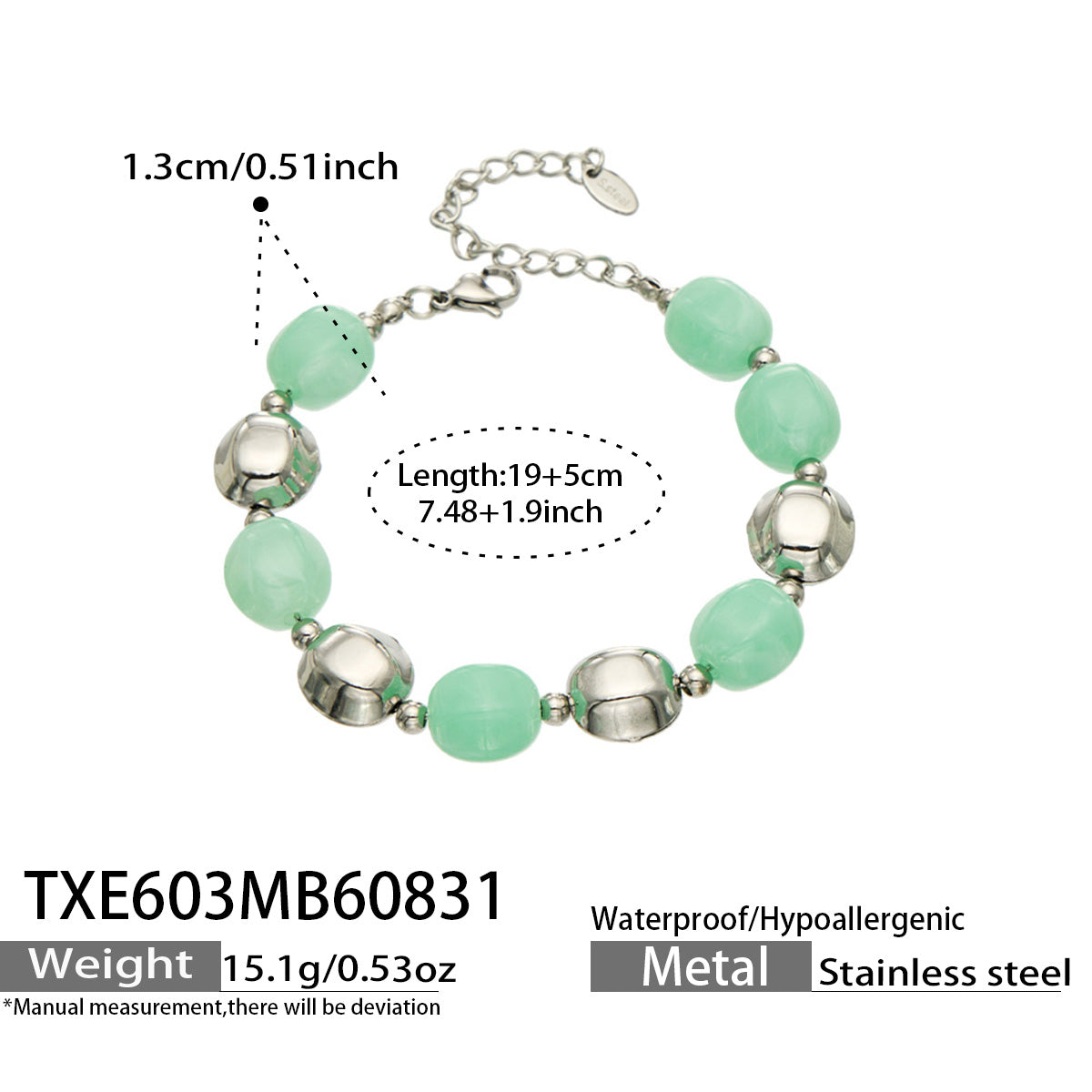 Specification card for a mint green resin bead bracelet with stainless steel accent beads.