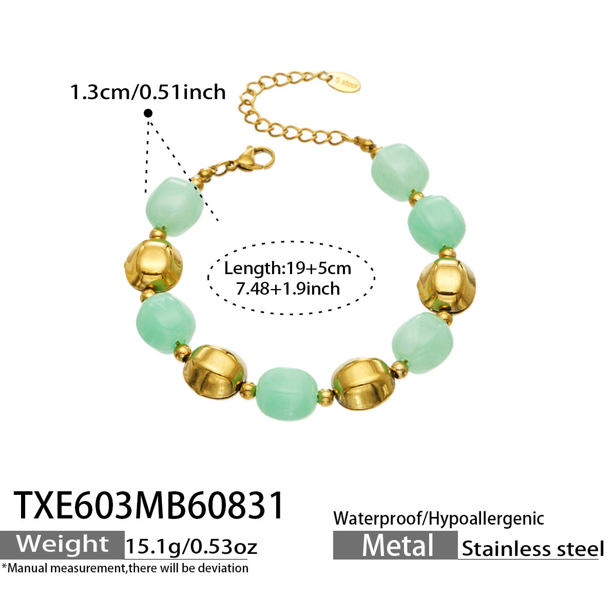 Specification card for a mint resin bead bracelet with stainless steel accent beads.