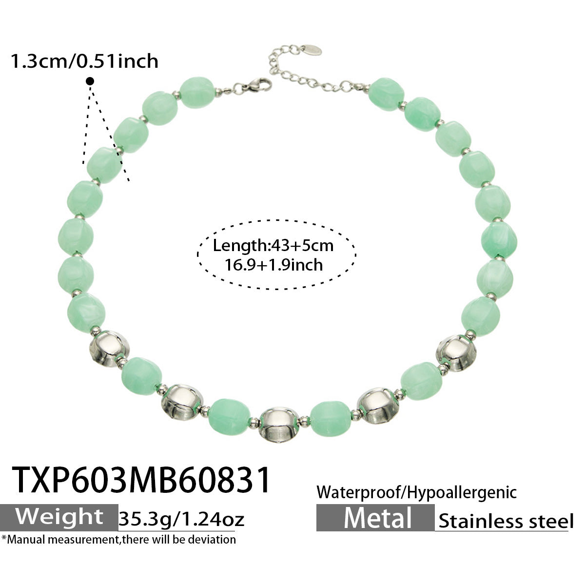 Specification card for a mint resin bead necklace with stainless steel accent beads.