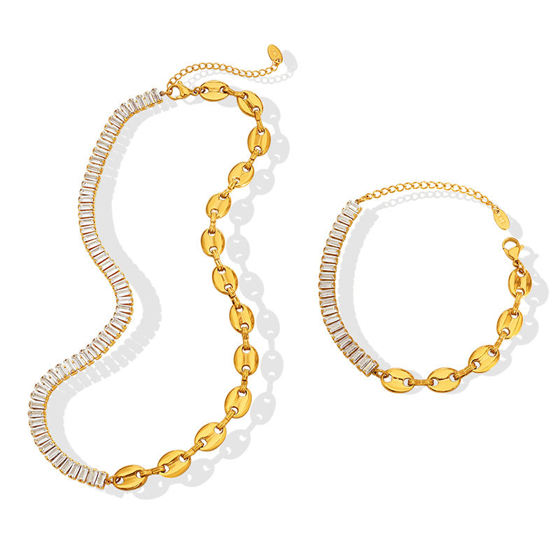 Gold-tone mixed-link zircon necklace and bracelet with elongated links and clear rectangular stones