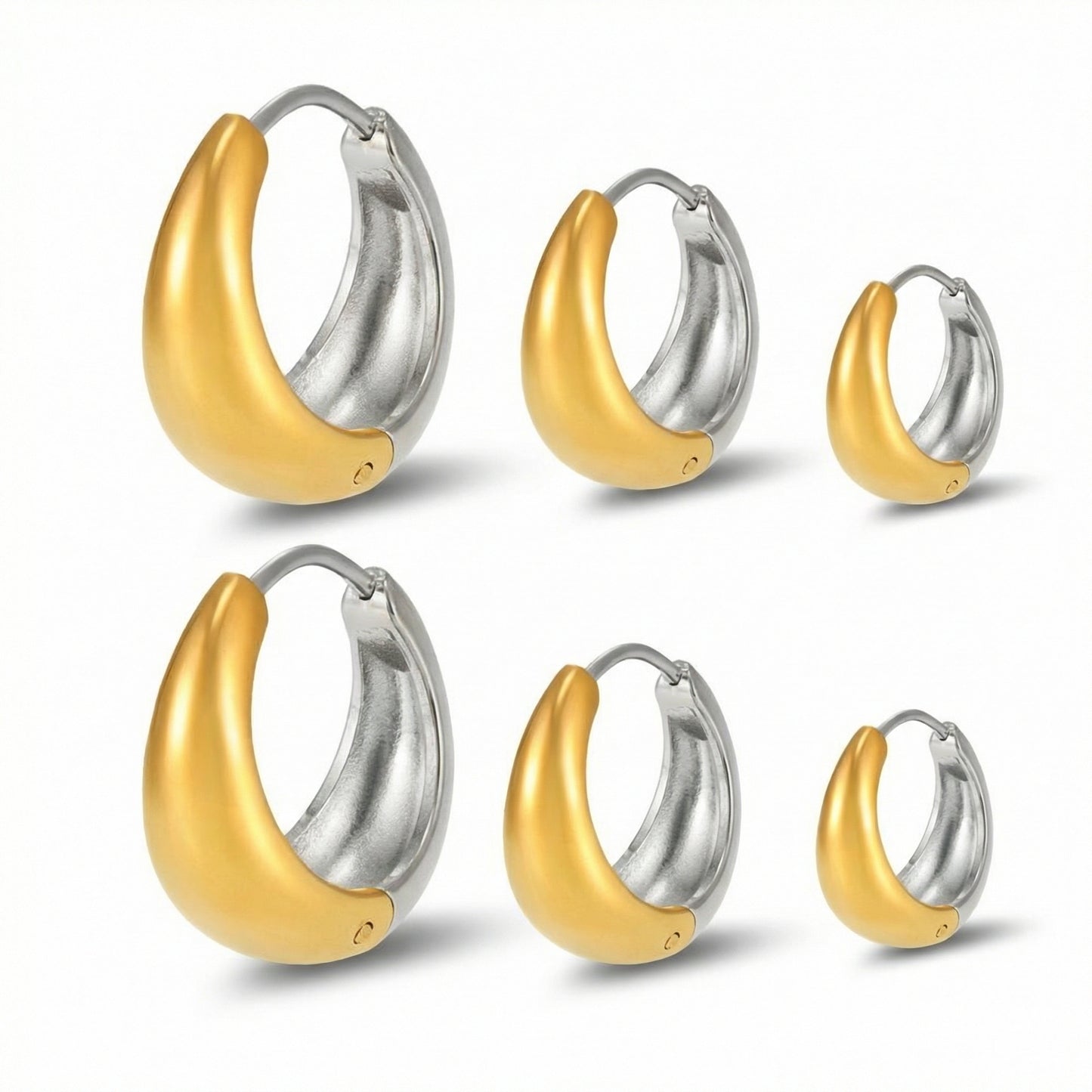 High-polished two-tone teardrop huggie hoop earrings in three different sizes, featuring a mixed metal design of silver stainless steel and gold plating.