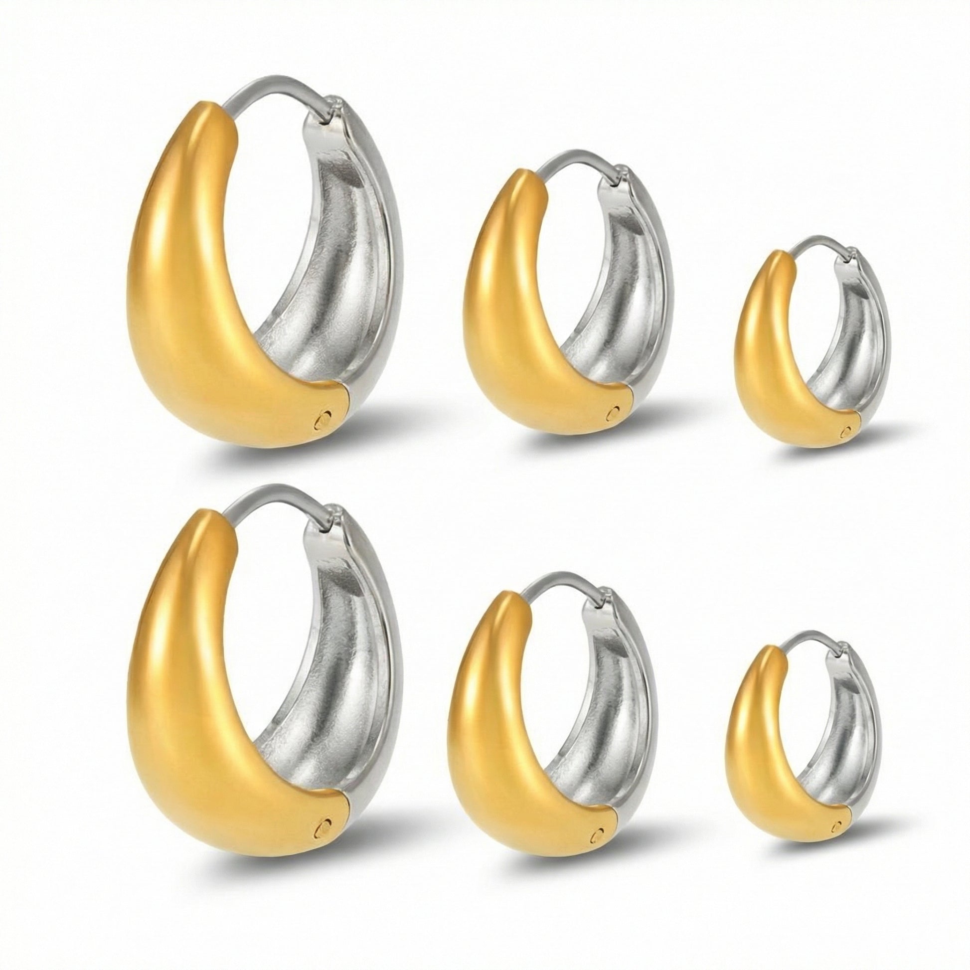 High-polished two-tone teardrop huggie hoop earrings in three different sizes, featuring a mixed metal design of silver stainless steel and gold plating.
