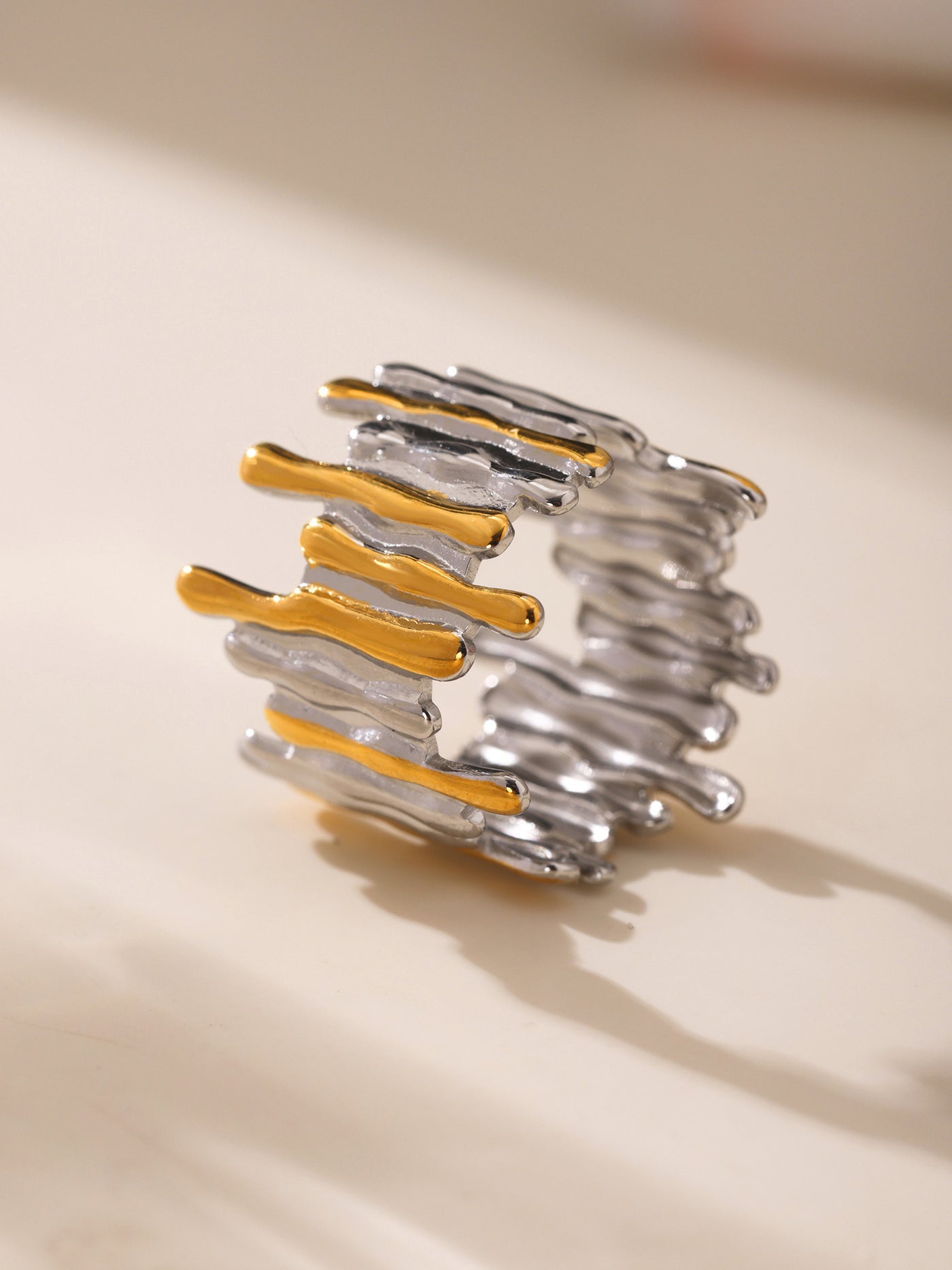 316L Stainless Steel Mixed Metal Irregular Geometric Open Ring | Melted Lava Statement Jewelry