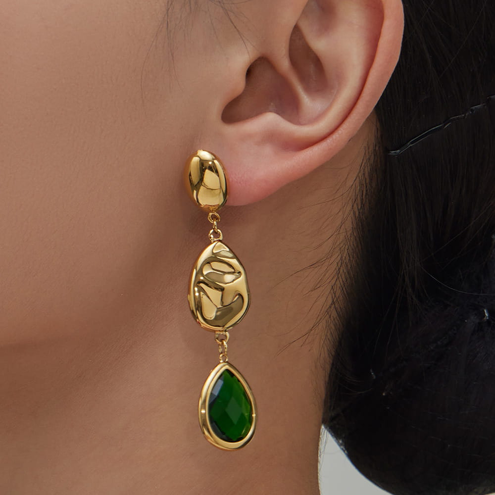 Model wearing 316L stainless steel Czech glass teardrop earrings