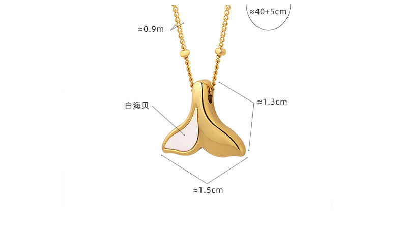 316L Stainless Steel 18K Gold Mermaid Tail Necklace Size Chart, 40+5cm Adjustable Chain, White Mother-of-Pearl Pendant Dimensions, Wholesale Jewelry Specs