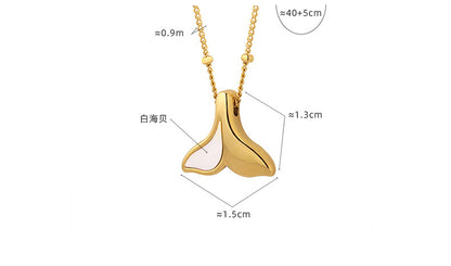 316L Stainless Steel 18K Gold Mermaid Tail Necklace Size Chart, 40+5cm Adjustable Chain, White Mother-of-Pearl Pendant Dimensions, Wholesale Jewelry Specs