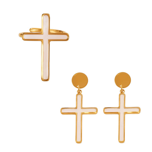 Mother-of-pearl cross earrings, ring and pendant in 316L stainless steel