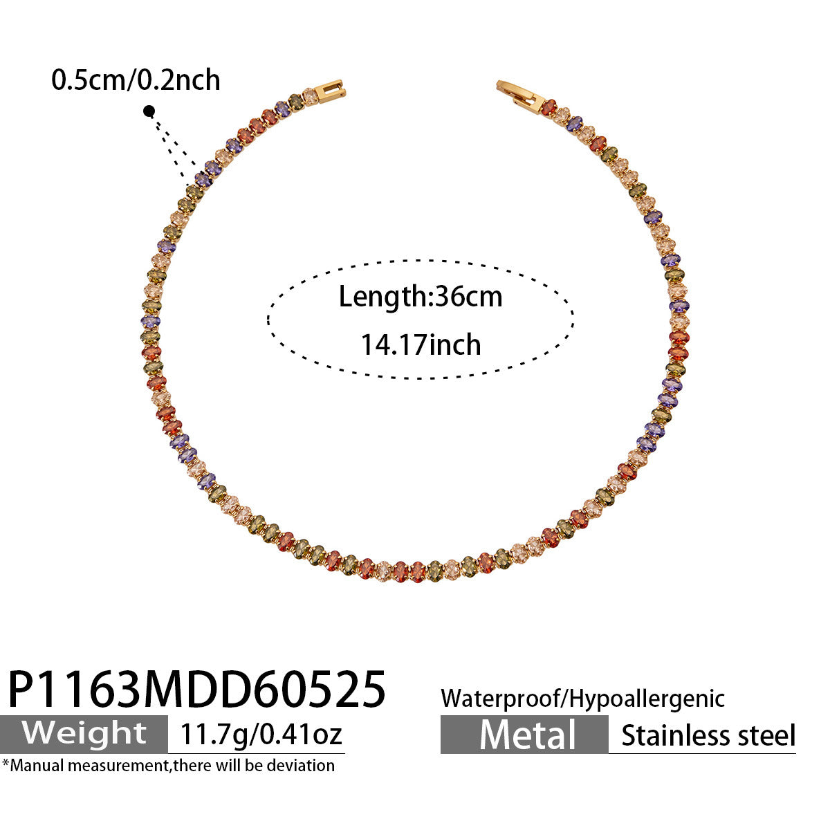 Multi-color CZ tennis necklace in 18K PVD gold stainless steel for boutique necklace assortments
