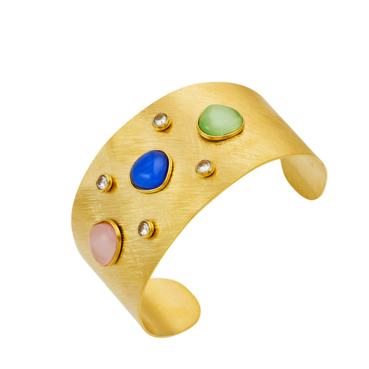 MiduoduoJewelry wide gold cuff bracelet with multicolor cat-eye effect stones and clear zircon accents