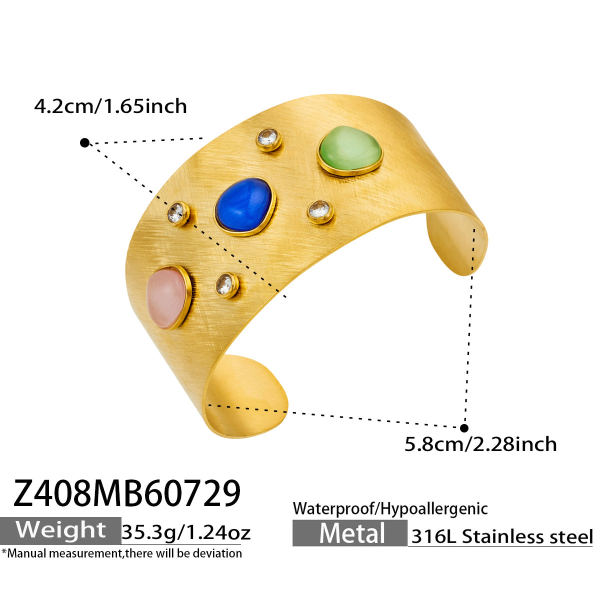 MiduoduoJewelry multicolor cat-eye cuff bracelet width, opening and product specification guide