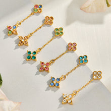Multicolor clover drop earrings displayed in assorted colorful CZ styles