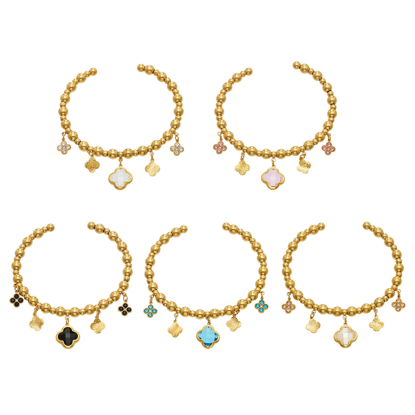 MiduoduoJewelry gold four-leaf clover charm bracelet in white, pink, black, blue and champagne color options