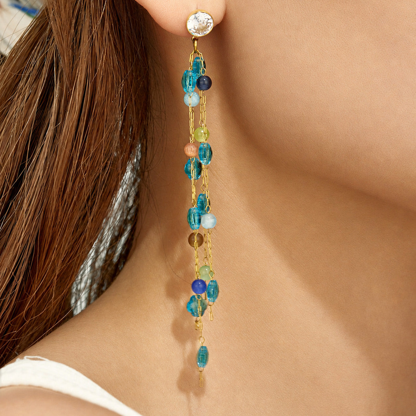 Multicolor gemstone long drop earrings for women's fashion jewelry