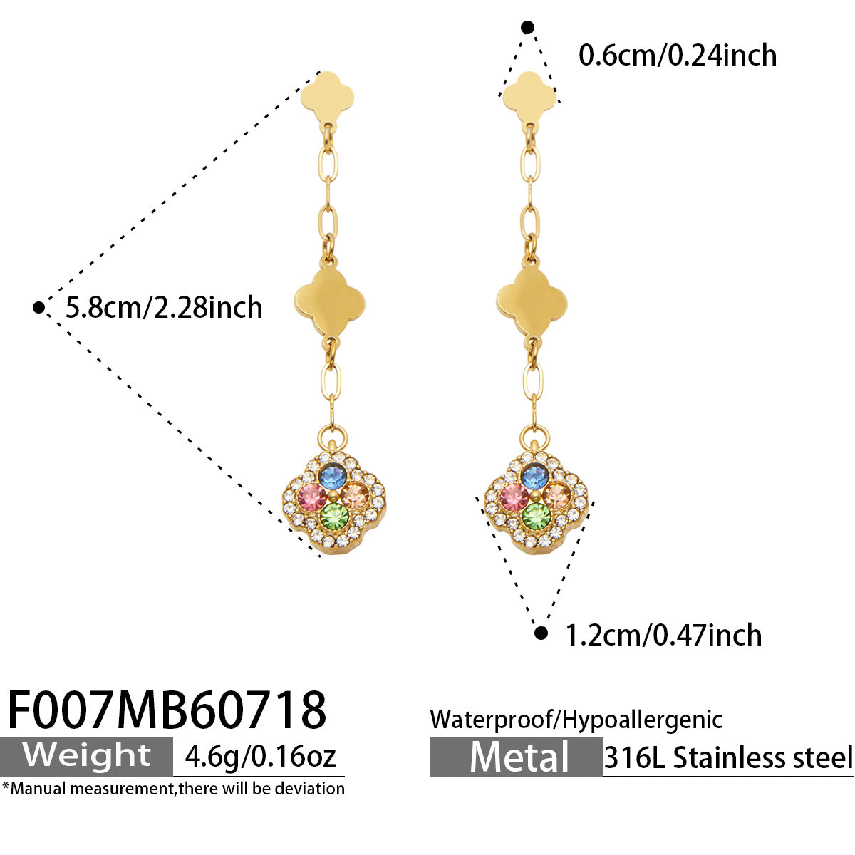 Size and product details for multicolor crystal gold clover drop earrings
