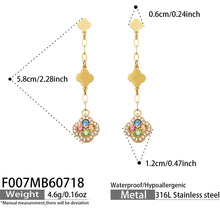 Size and product details for multicolor crystal gold clover drop earrings