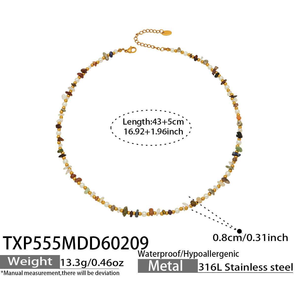 Multicolor natural stone bracelet dimensions, clasp details and adjustable length guide