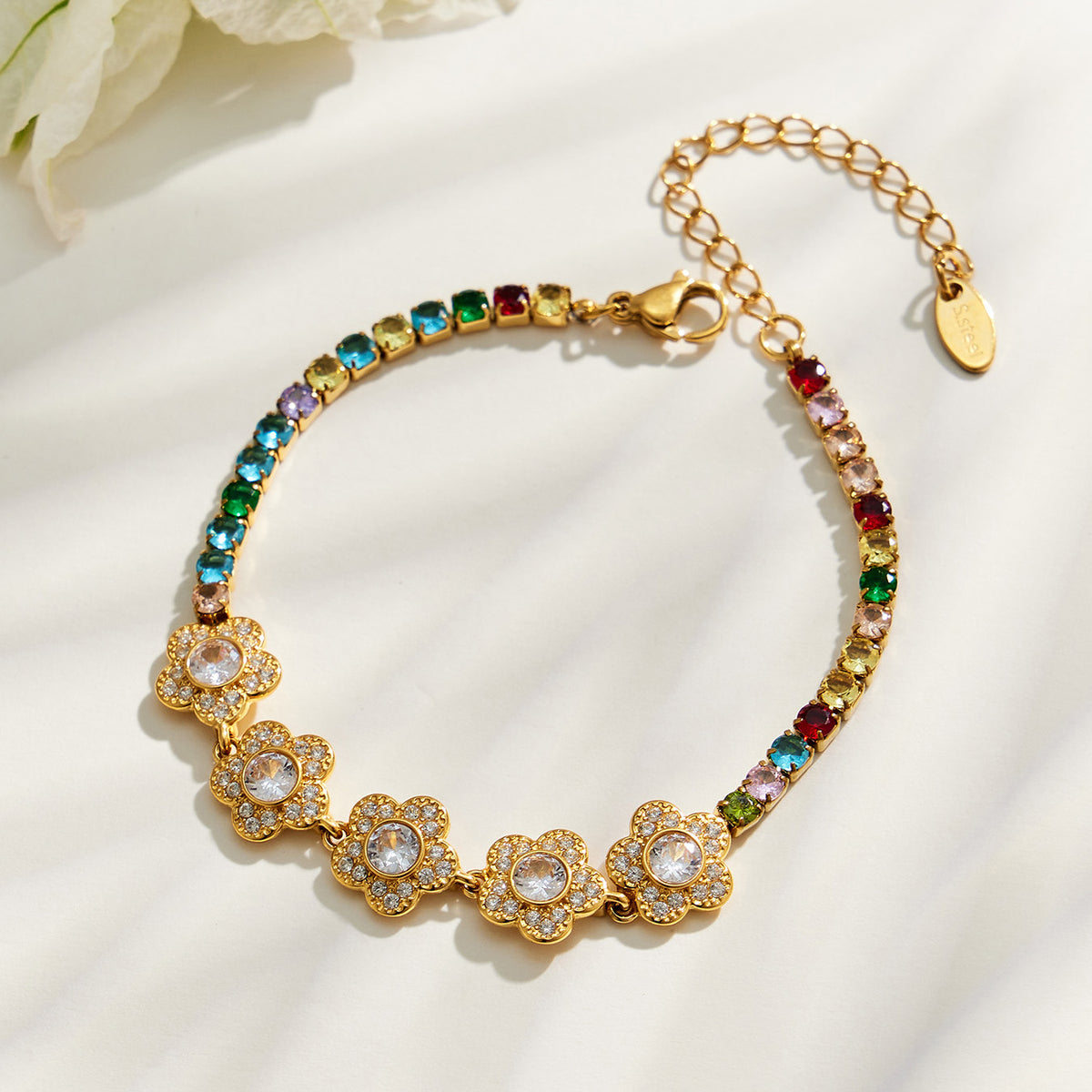 Multicolor zircon chain bracelet flat lay