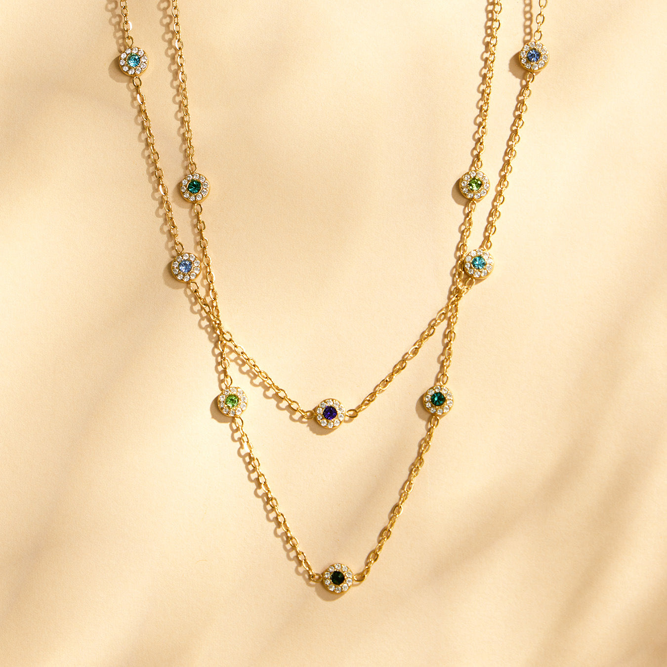 316L Stainless Steel 18K Gold PVD Colorful Zircon Pendant Necklace Set | Waterproof Hypoallergenic Jewelry for Women
