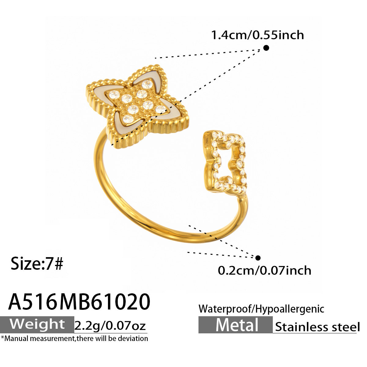 NA516 gold-tone floral open ring size guide showing size 7 and approximately 2.2 g weight