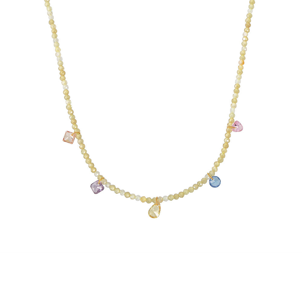 Gold stainless steel necklace with colorful natural stone bead accents and delicate drop details