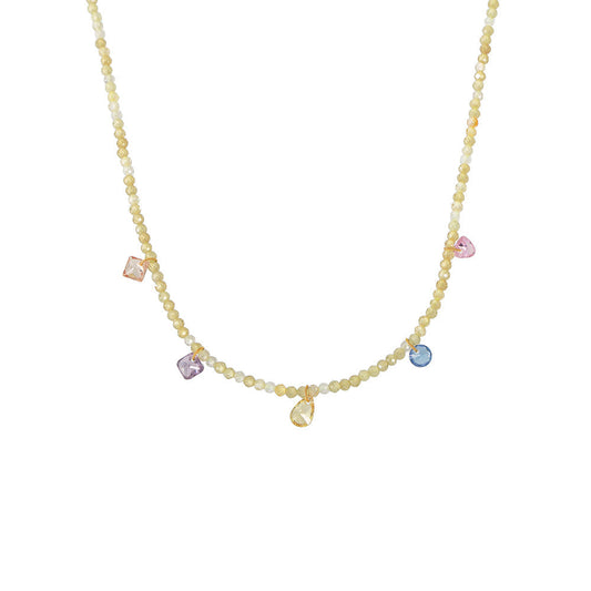 Gold stainless steel necklace with colorful natural stone bead accents and delicate drop details