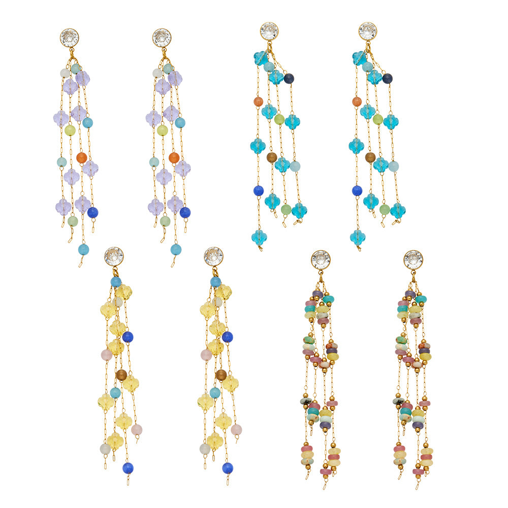 Natural stone crystal long drop earrings with colorful gemstone beads and 316L stainless steel