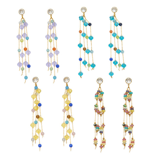 Natural stone crystal long drop earrings with colorful gemstone beads and 316L stainless steel