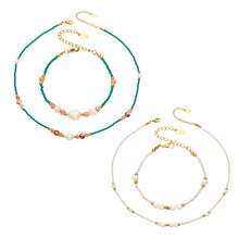 Natural stone and freshwater pearl necklace and bracelet collection with turquoise and pink bead styles