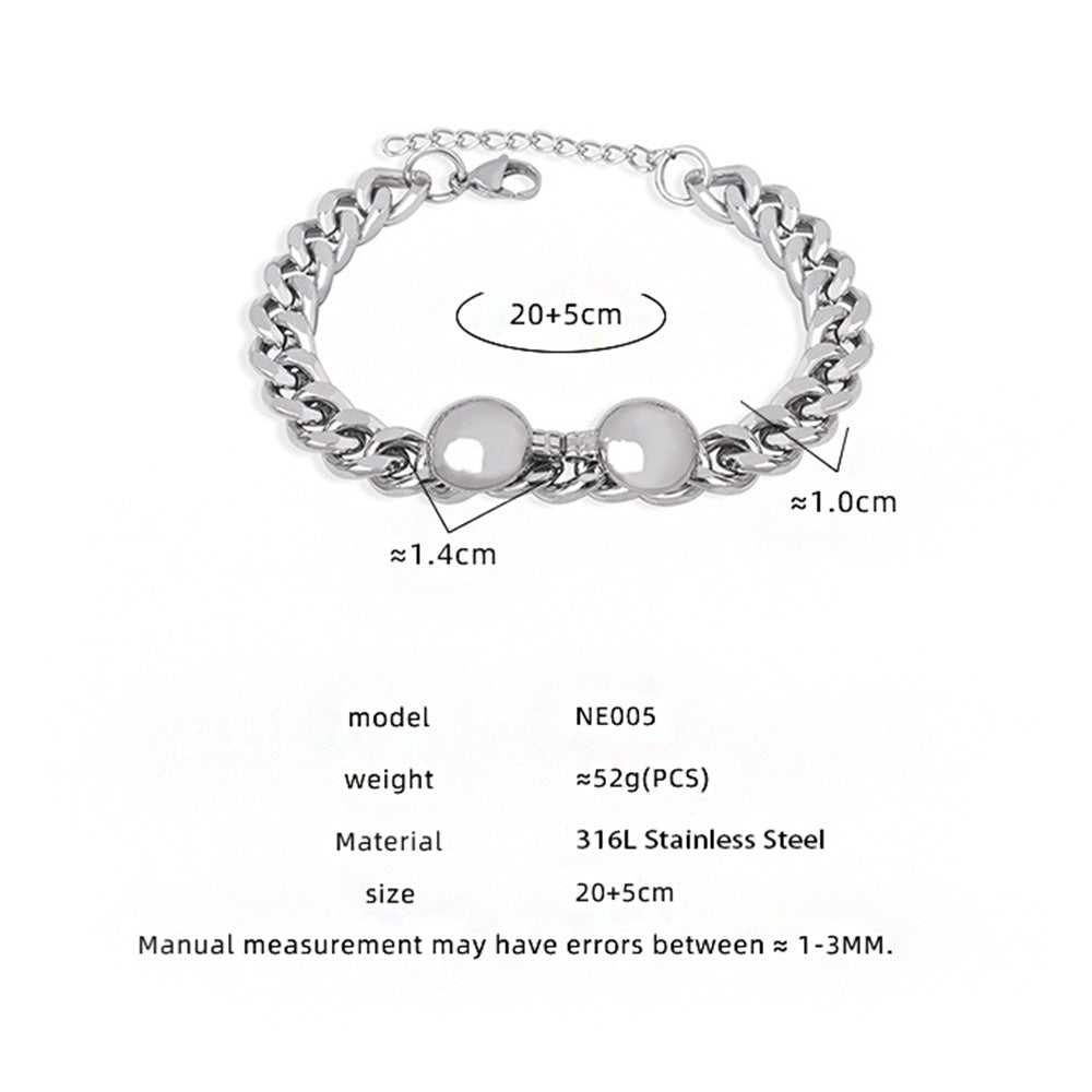 NE005 silver pearl bead chain bracelet size card showing 20 plus 5cm stainless steel bracelet details