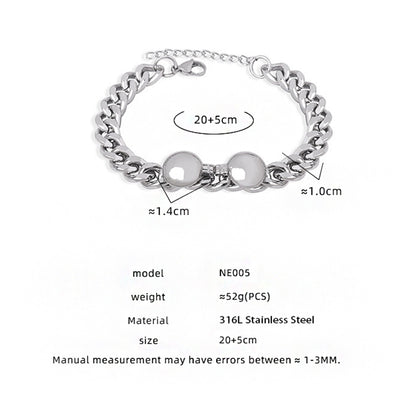NE005 silver pearl bead chain bracelet size card showing 20 plus 5cm stainless steel bracelet details