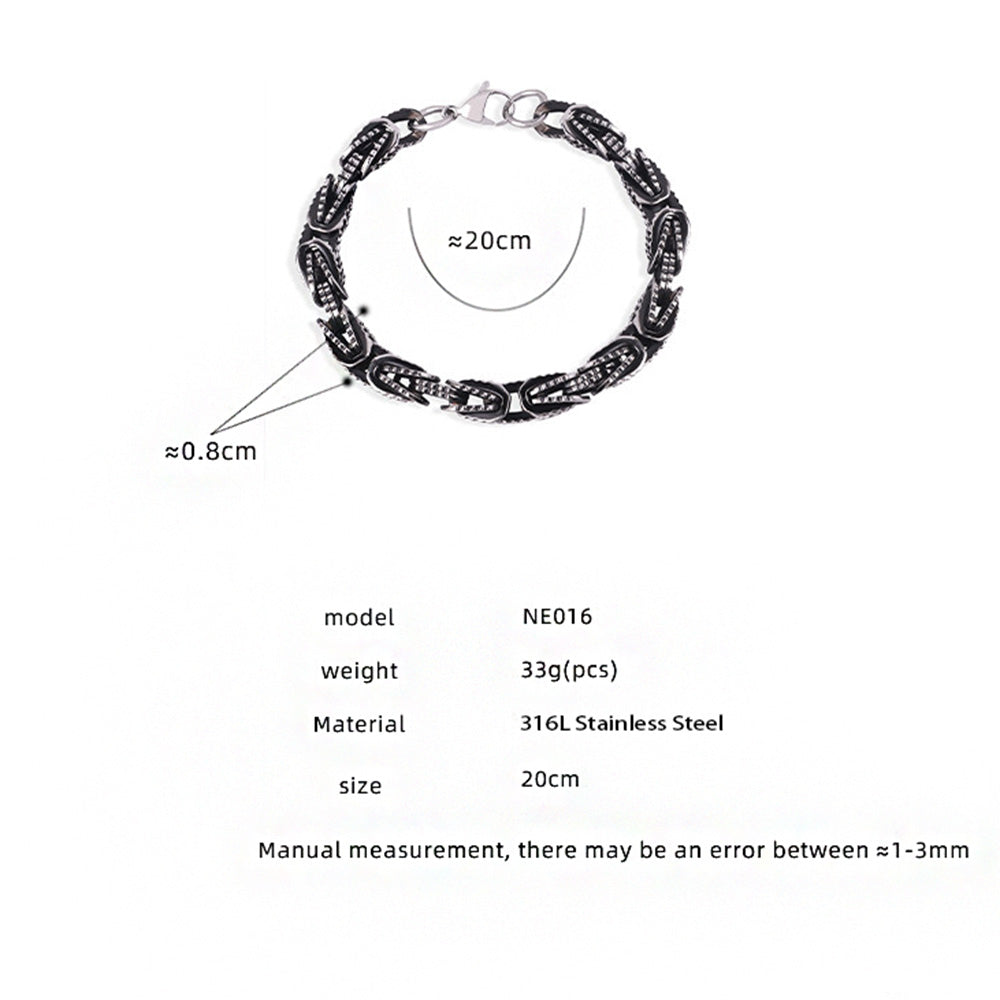 NE016 black stainless steel chain bracelet size card showing 20cm men’s bracelet details