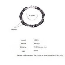 NE016 black stainless steel chain bracelet size card showing 20cm men’s bracelet details
