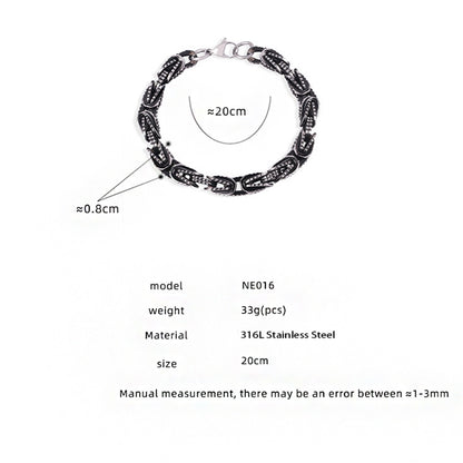 NE016 black stainless steel chain bracelet size card showing 20cm men’s bracelet details