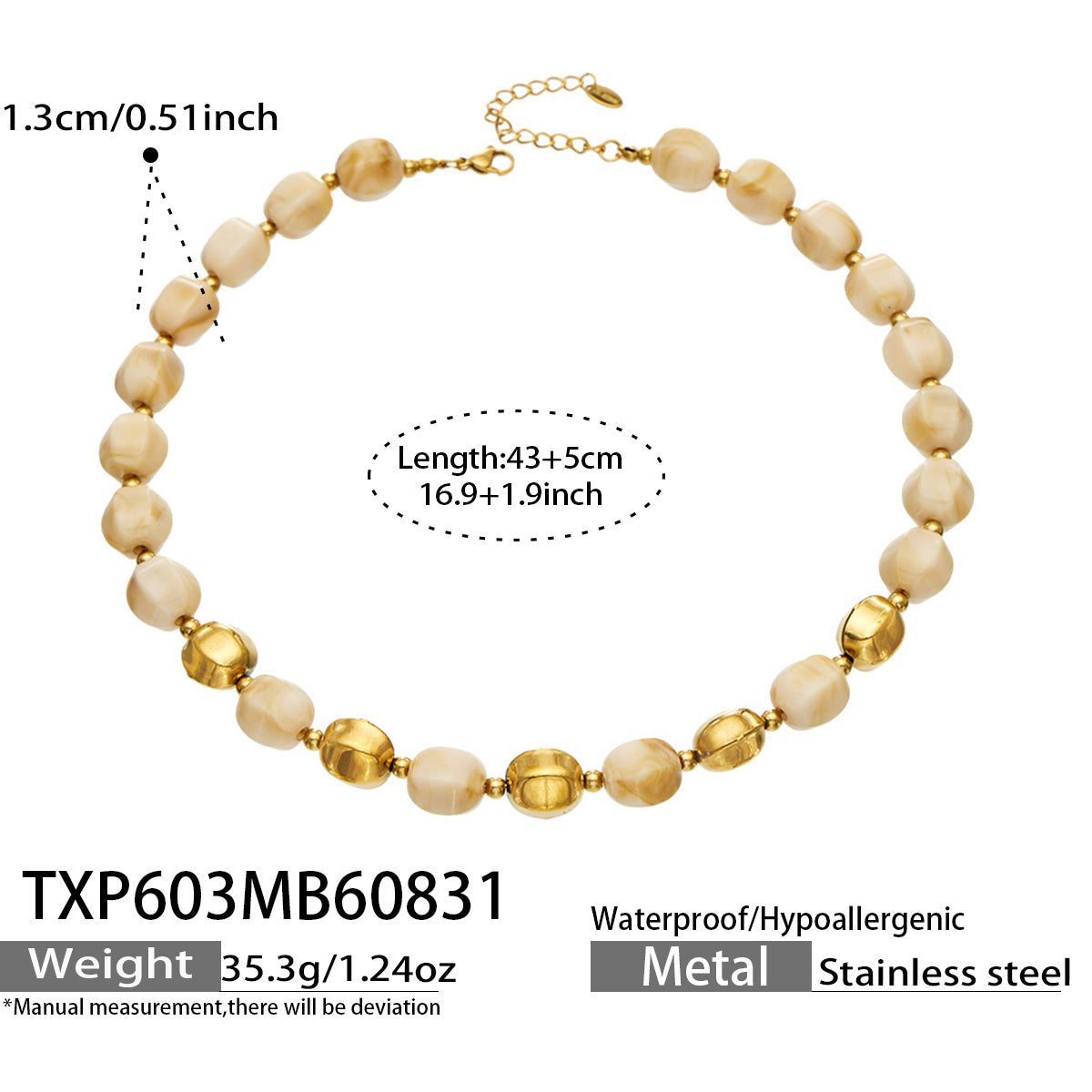 Specification card for a neutral-tone resin bead necklace with stainless steel accent beads.