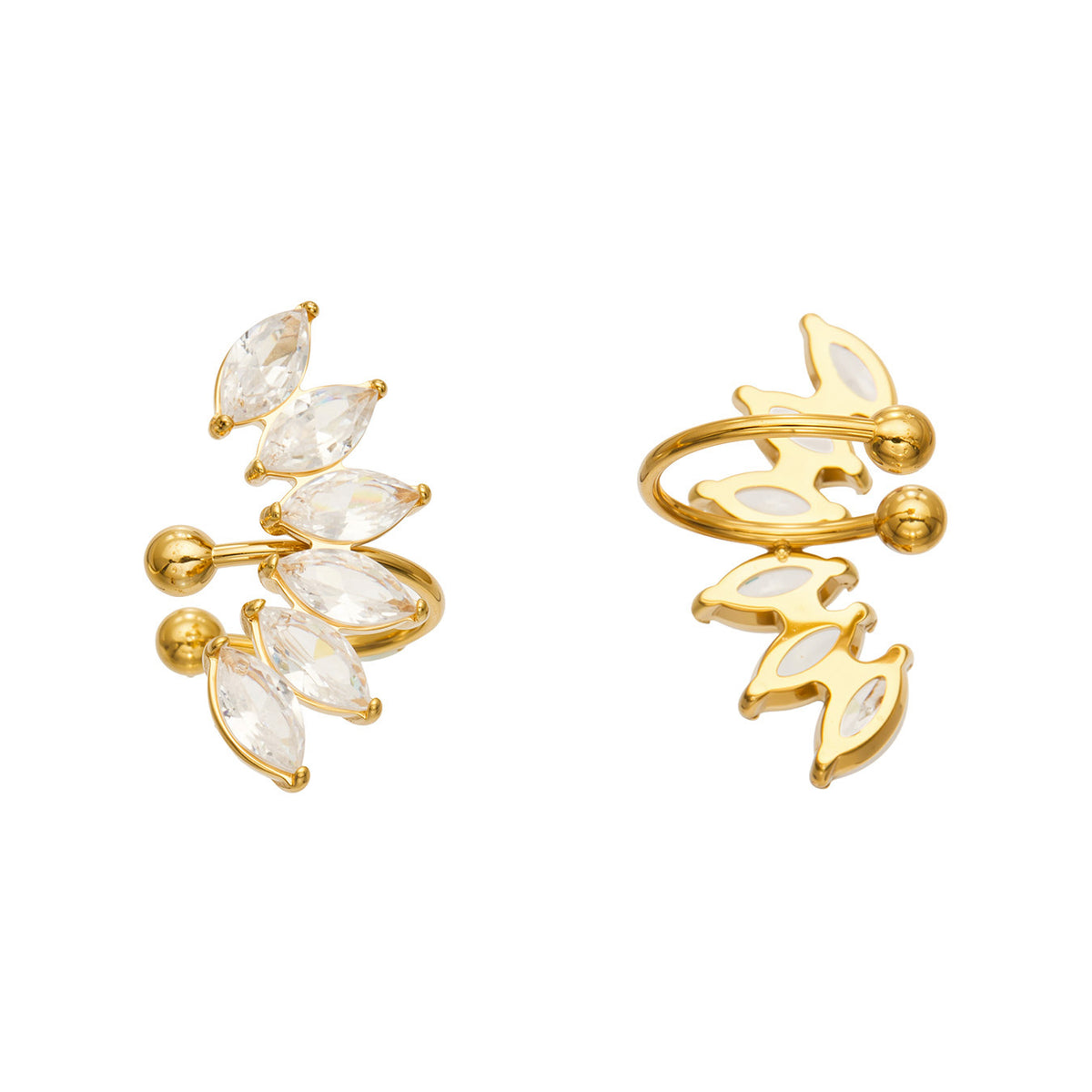 Front and back views of a gold-tone stainless steel leaf ear cuff with clear marquise-shaped stones and an open cuff design