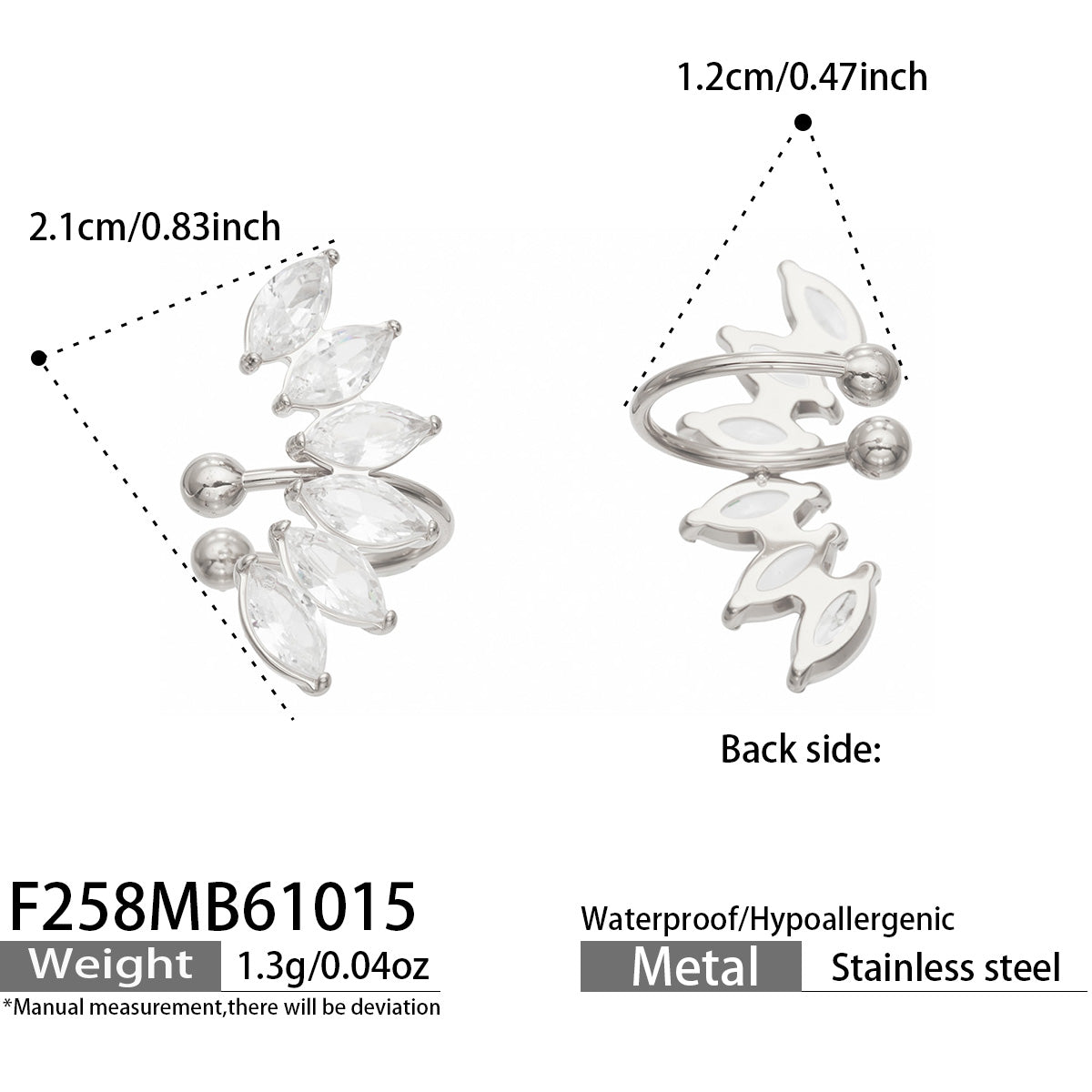 Silver stainless steel leaf ear cuff size diagram showing front and back views, measurements and open cuff construction