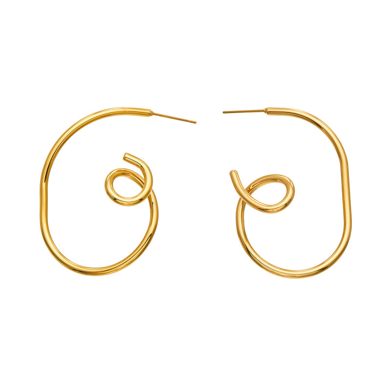 Pair of gold-tone stainless steel spiral hoop earrings with an open circular silhouette and inward curled swirl details