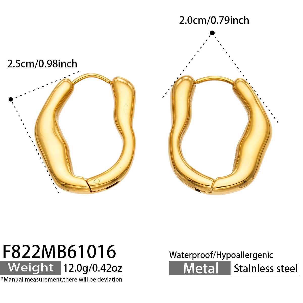 Size diagram of gold organic hoop earrings showing the irregular oval silhouette, front views and overall measurements
