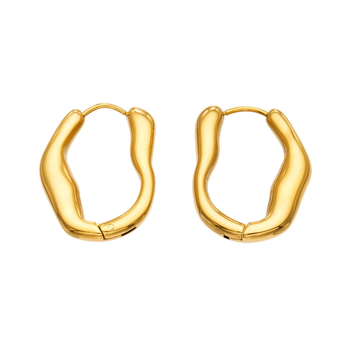 Pair of gold-tone stainless steel organic hoop earrings featuring smooth irregular curves, a polished finish and hinged closures