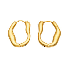 Pair of gold-tone stainless steel organic hoop earrings featuring smooth irregular curves, a polished finish and hinged closures